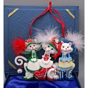 KSA Kurt S Adler Christmas Ornament 3 White Cats w feather hats -Forever Friends